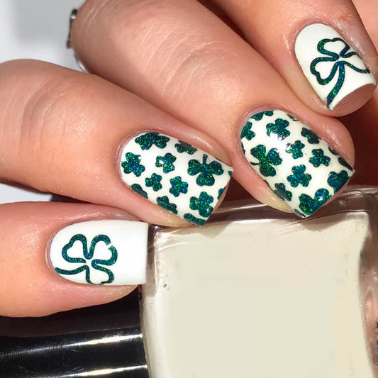 Lucky Charm St. Patrick's Day Short Square White and Green Glittery Shamrock Press-On Nail Set