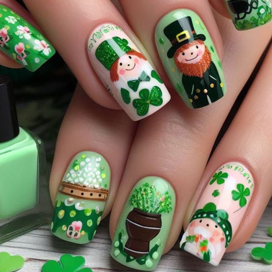 Lucky Charm Press On Nail Set in Medium Square Green with Whimsical Leprechaun Designs