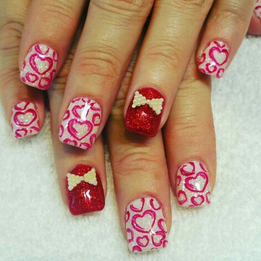 Romantic Celebration Short Square Red and Pink Glittery Heart Press On Nail Set with Charming Bow Accents