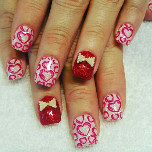 Romantic Celebration Short Square Red and Pink Glittery Heart Press On Nail Set with Charming Bow Accents
