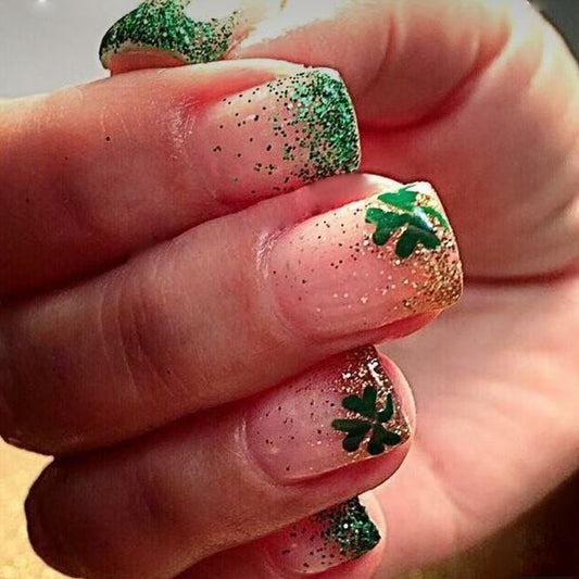 Lucky Charm Glitter Short Square Green and Gold Press On Nail Set