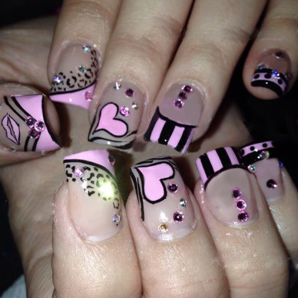 Charming Love Theme Medium Square Pink Glittery Nail Set with Heart and Leopard Print Designs