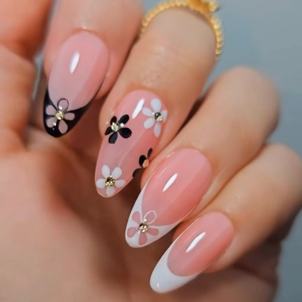 Botanical Bliss Medium Almond Pink and Black Floral Press-On Nail Set with Sparkling Accents