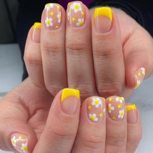 Springtime Sunshine Short Square Press On Nail Set with Yellow Trim and Daisies