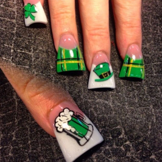 St. Patrick's Day Inspired Long Duck Green and White Press On Nail Set with Fun Leprechaun and Beer Designs