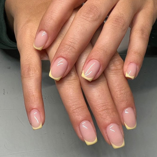 Sunny Citrus Delight Medium Square Yellow Tipped Press On Nail Set with Glossy Finish