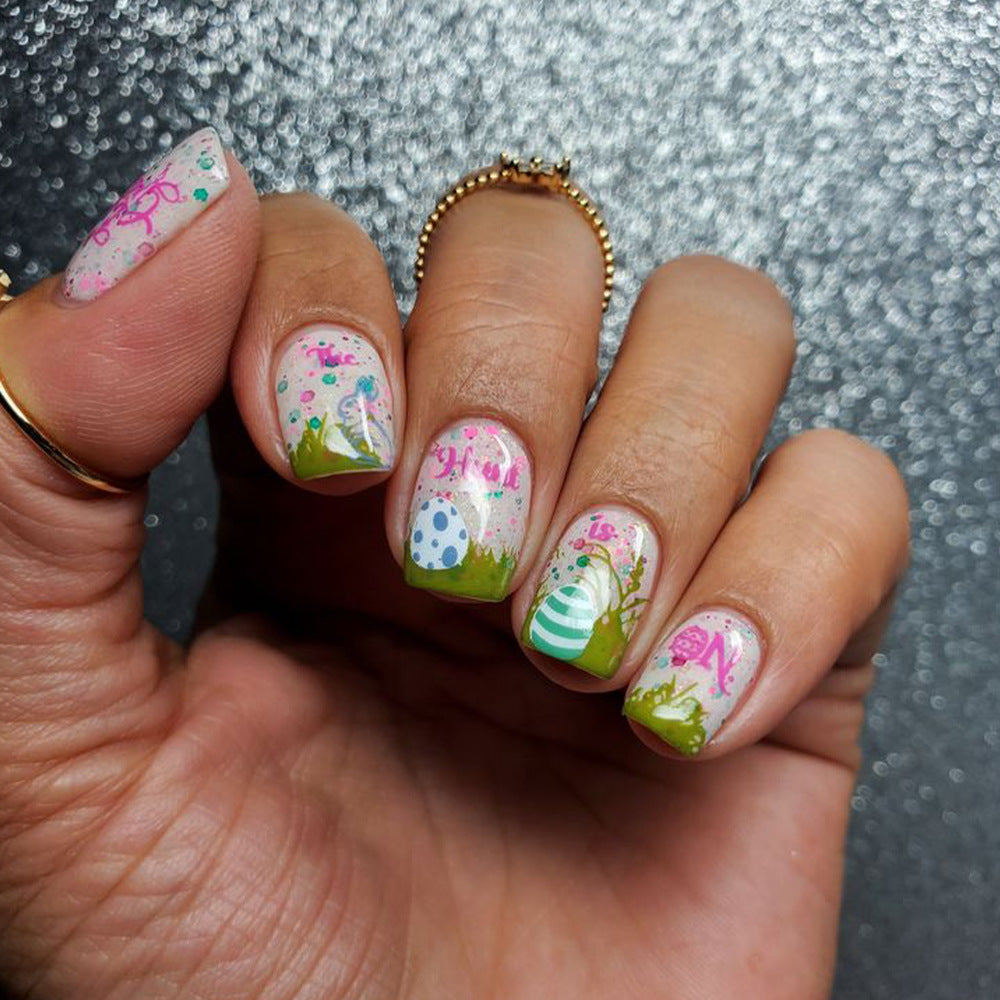 Springtime Delight Short Square Pastel Green Festive Nail Set with Whimsical Floral and Egg Designs