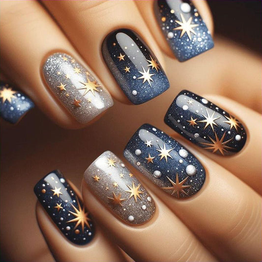 Celestial Night Press On Nail Set Short Square Length Navy Blue and Silver with Glittering Star Accents
