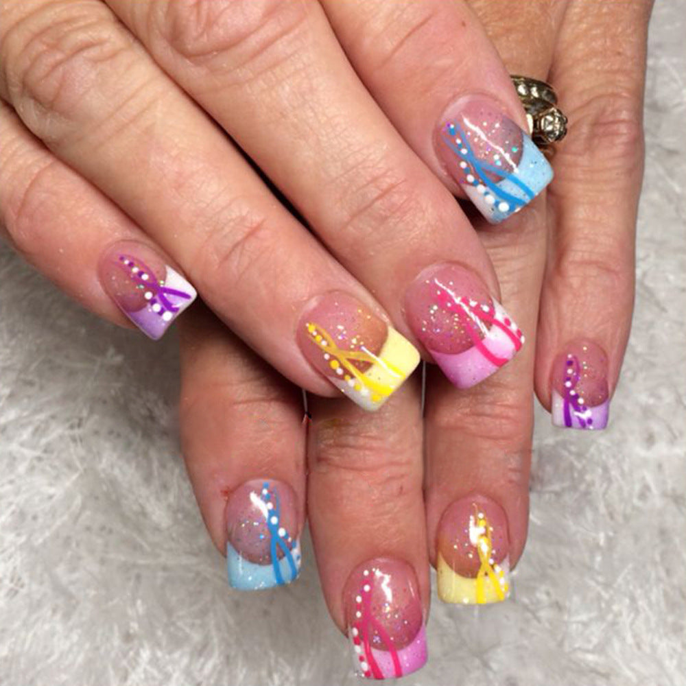 Charming Springtime Square Short Colorful Press-On Nail Set with Glittery Stripes and Dotted Designs