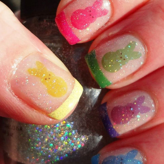 Easter Celebration Glitter Short Square Multi-Colored with Adorable Bunny Design Press On Nail Set