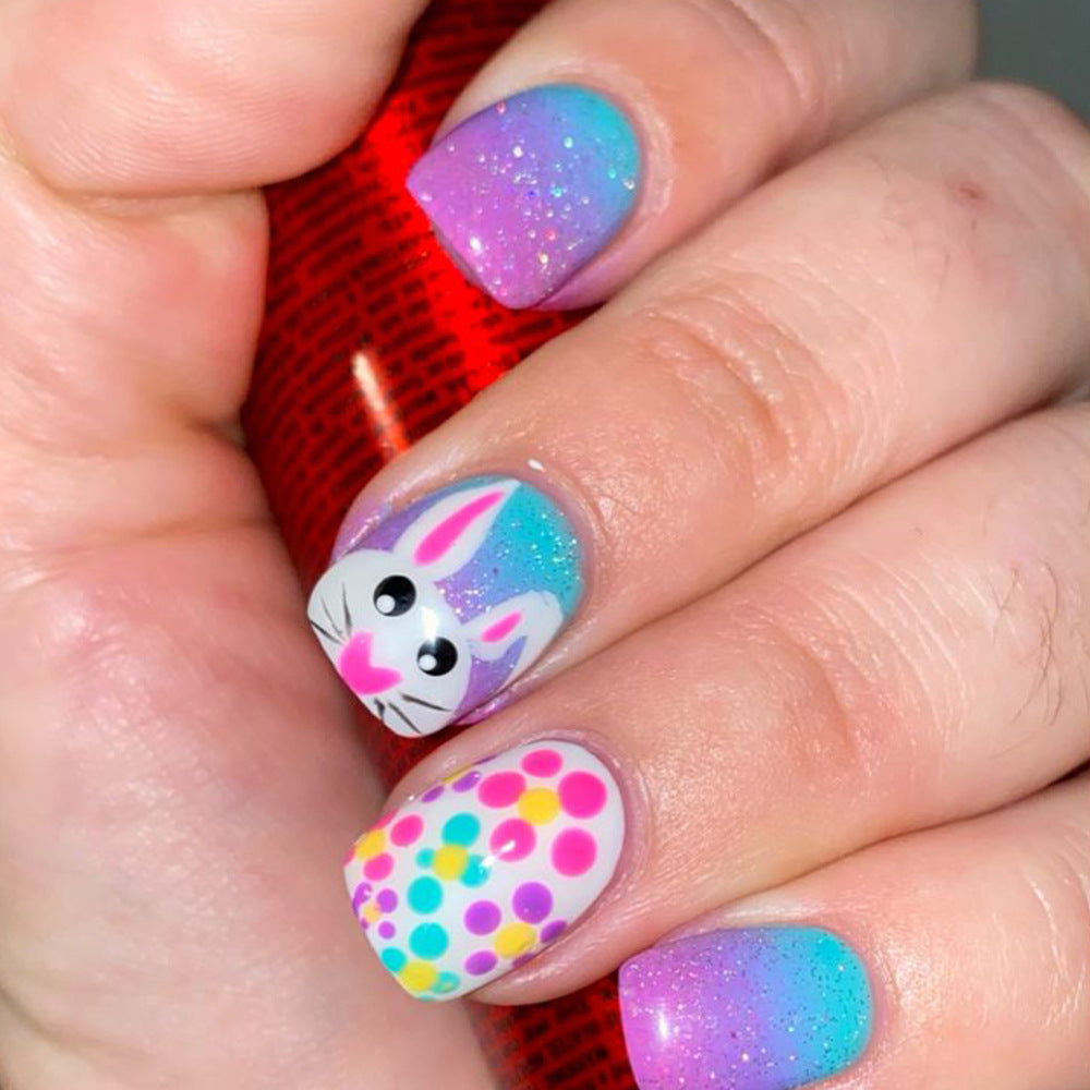 Whimsical Meadow Short Square Pastel Gradient with Adorable Bunny Design Press-On Nail Set