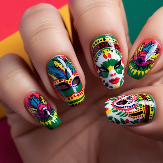 Carnival Vibes Colorful Medium Coffin Press-On Nail Set Featuring Artistic Masks and Vibrant Patterns
