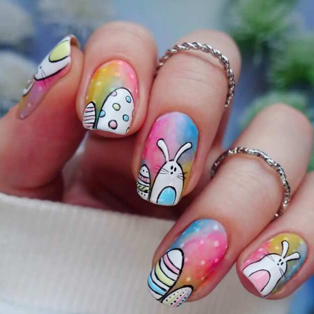 Whimsical Spring Vibe Medium Square Colorful Pastel Tie-Dye with Adorable Bunny and Egg Designs Press On Nail Set