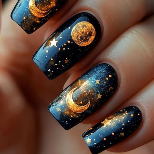 Celestial Night Medium Square Blue with Gold Moon and Star Detailing Press On Nail Set