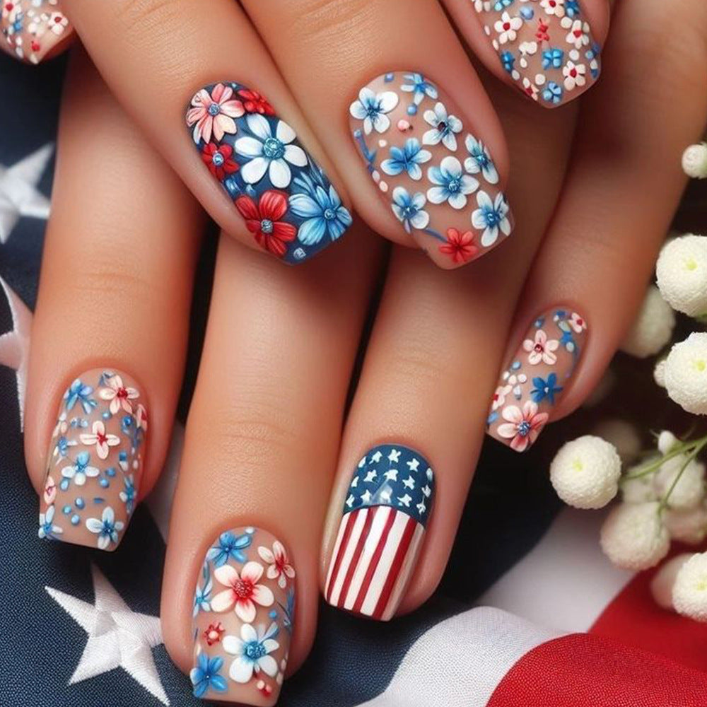 Patriotic Blossom Press On Nail Set Medium Square Red Blue White Floral Design with American Flag Detail