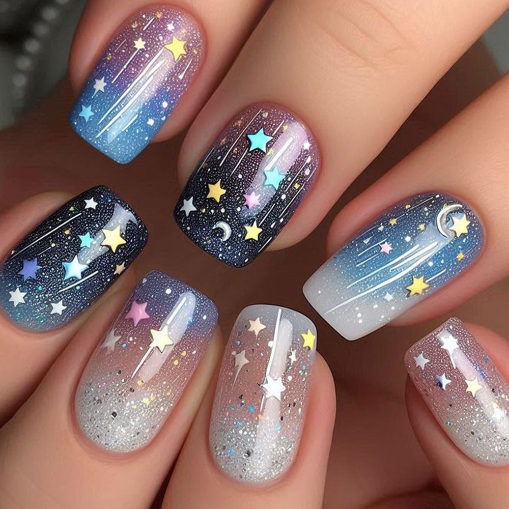 Celestial Dream Press On Nail Set Medium Square Gradient Blue to Purple with Sparkling Star Accents