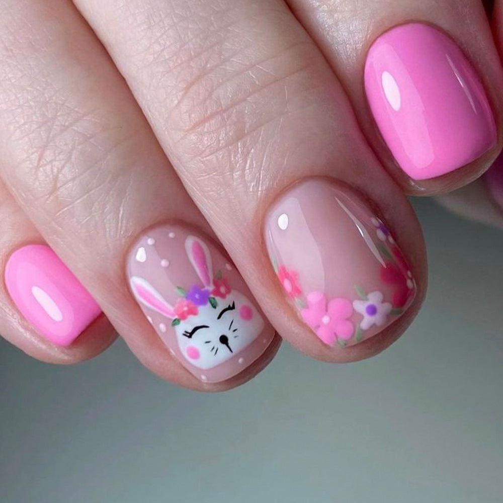 Blossom Bunny Theme Short Square Pink Press On Nail Set with Floral and Bunny Design