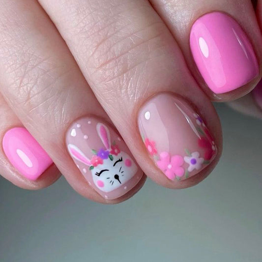 Blossom Bunny Theme Short Square Pink Press On Nail Set with Floral and Bunny Design