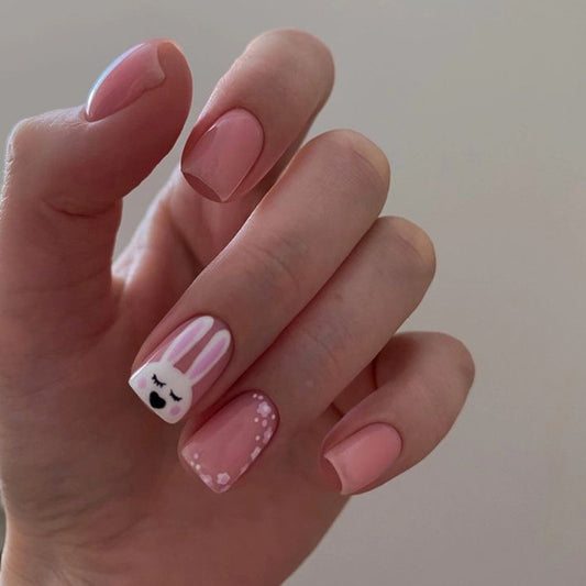 Bunny Wonderland Soft Pink Medium Square Press On Nail Set with Charming Bunny Design