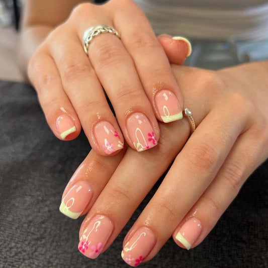 Garden Bliss Medium Square Shaped Pastel Pink Press On Nail Set with Vibrant Floral Accents