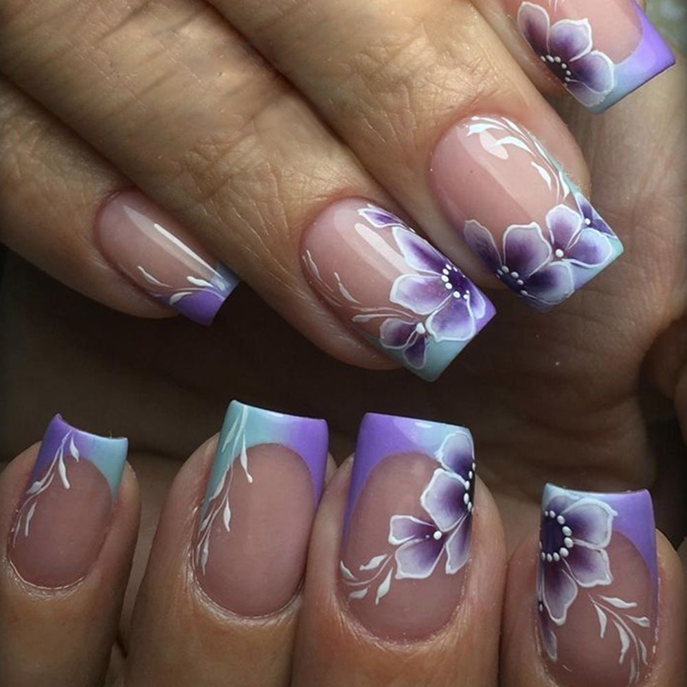 Floral Dream Medium Square Lavender Ombre Press On Nail Set with Intricate Blossom Design