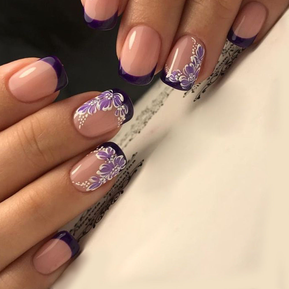 Floral Elegance Medium Square Purple French Tip Press On Nail Set with Delicate Flower Accents