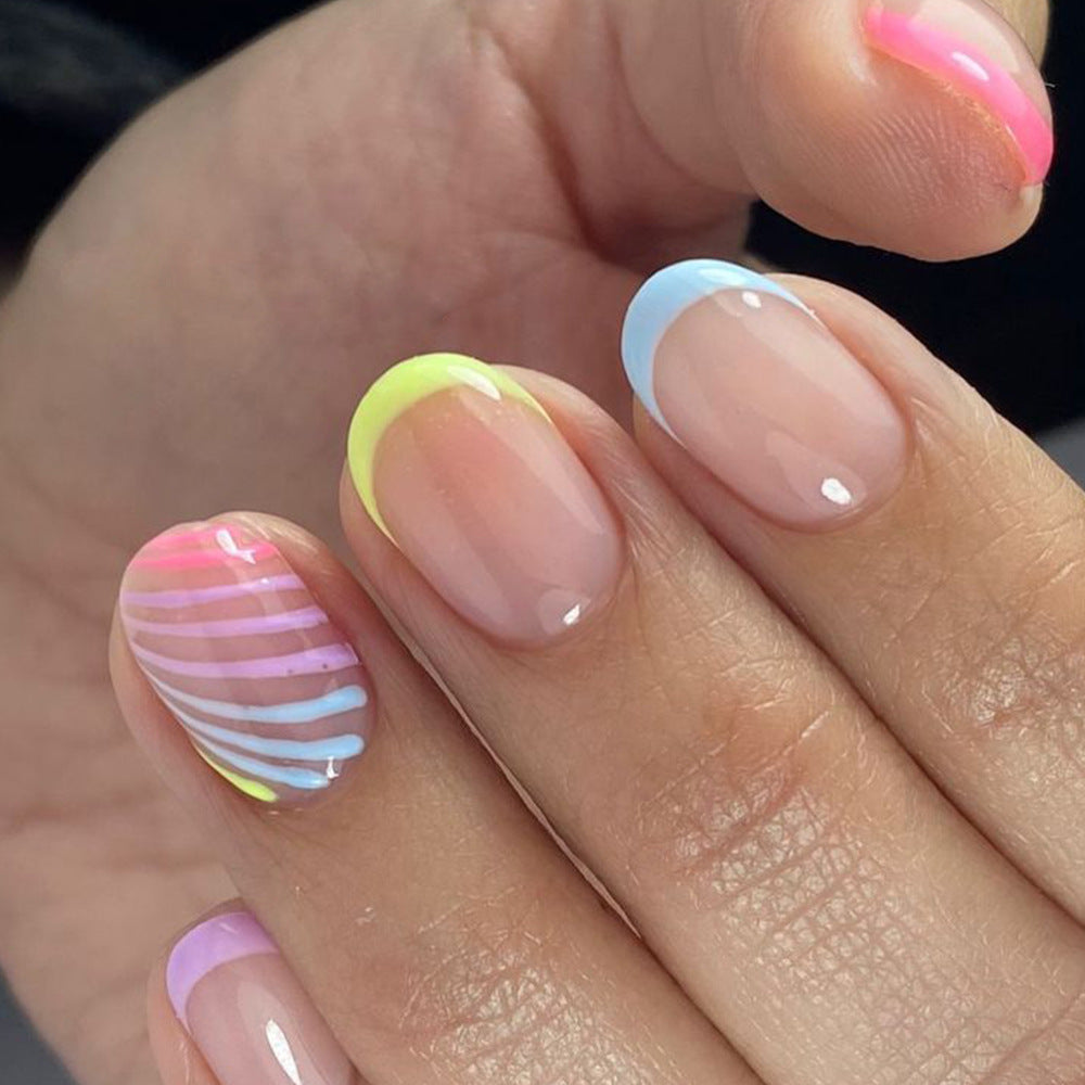 Vibrant Celebration Round Short Shape Clear Glossy Finish with Colorful Swirl Tip Press On Nail Set