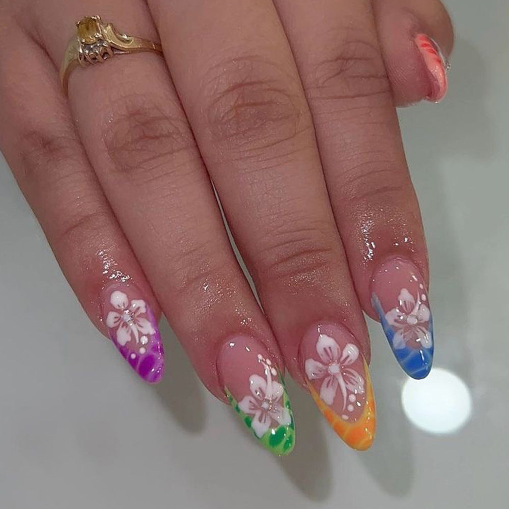 Tropical Bliss Stylish Medium Almond Shaped Multicolor Floral Press On Nail Set