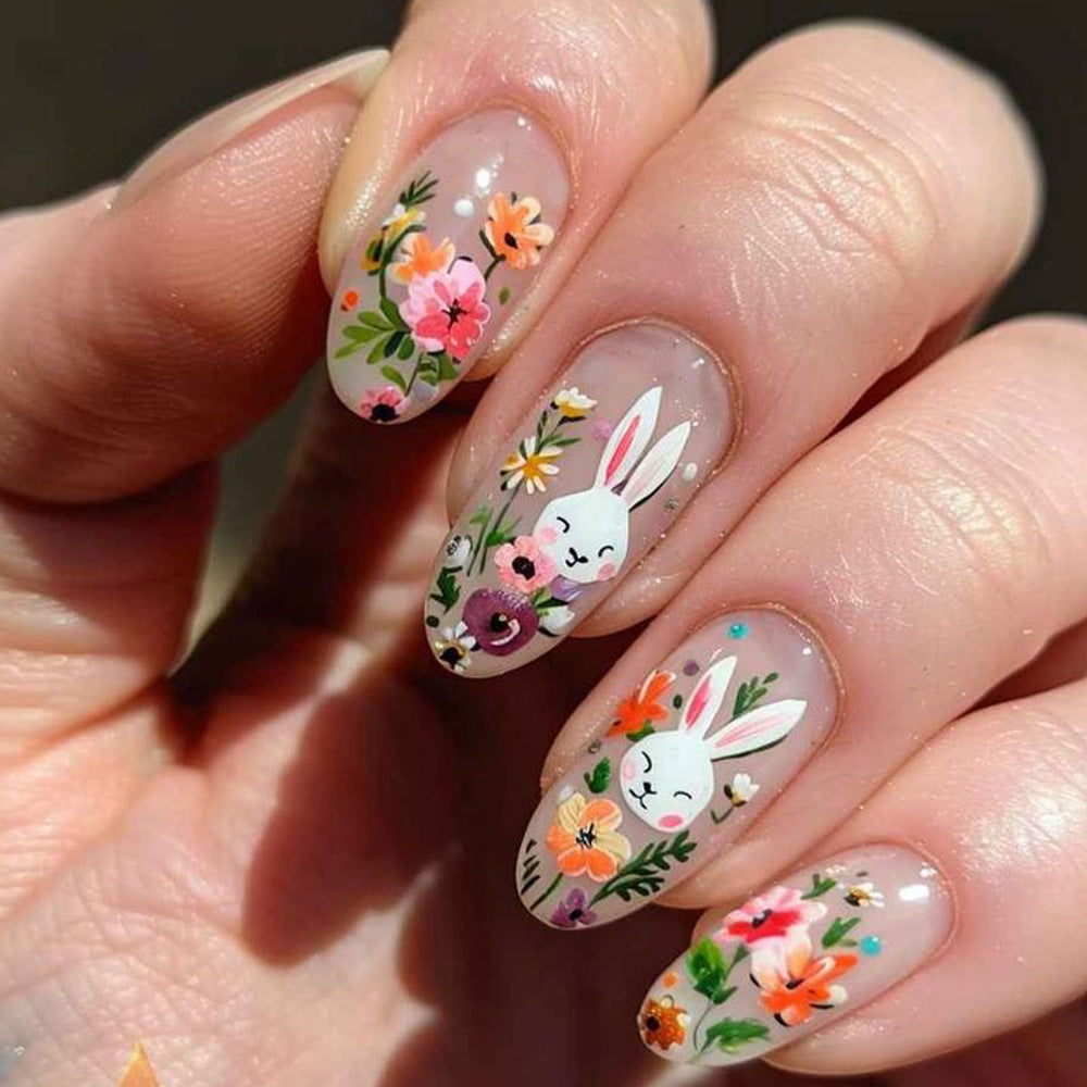 Whimsical Garden Medium Almond Beige Floral Press-On Nail Set with Adorable Bunny Design