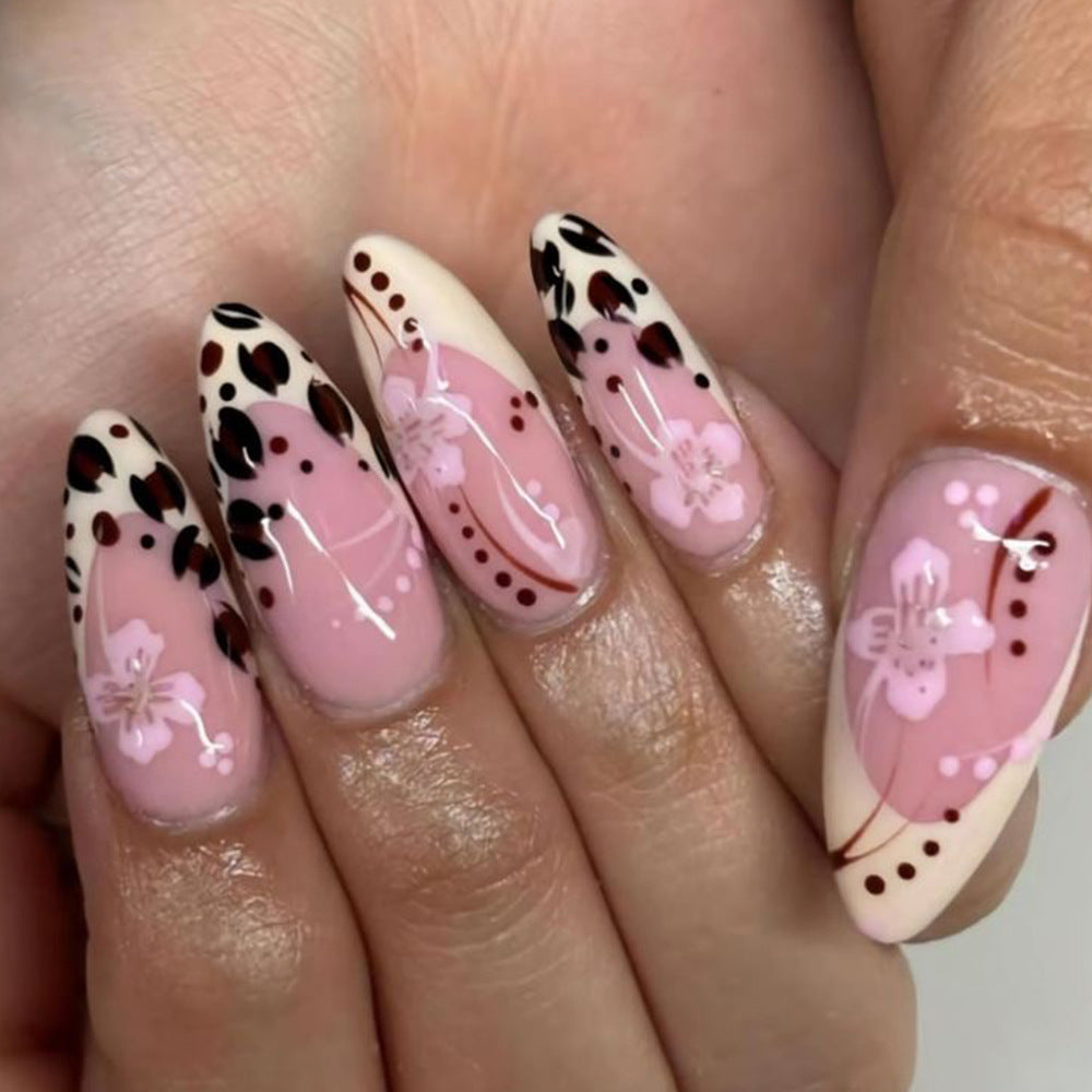 Blossom Elegance Medium Almond Pink and Cream Leopard Print with Floral Accents Press-On Nail Set