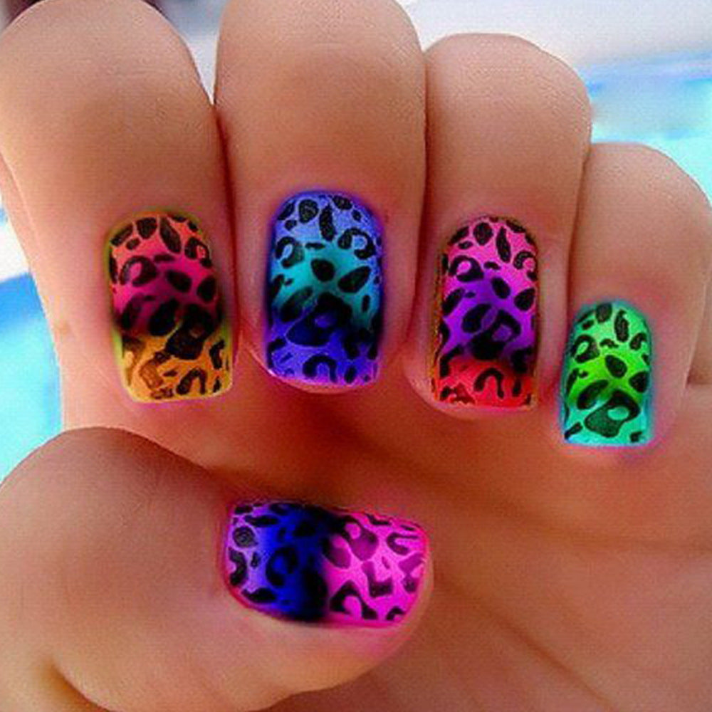 Vibrant Jungle Inspired Medium Square Colorful Leopard Print Press On Nail Set