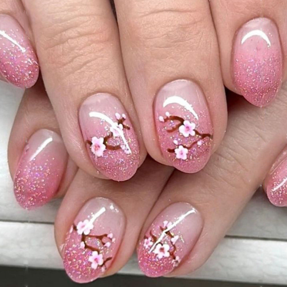 Blossom Dream Press On Nails Short Oval Pink Shimmering Cherry Blossom Design