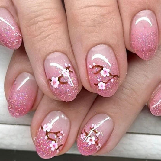 Blossom Dream Press On Nails Short Oval Pink Shimmering Cherry Blossom Design