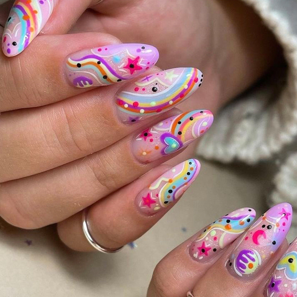 Rainbow Vibes Medium Almond Lavender with Colorful Doodle Designs Press on Nail Set