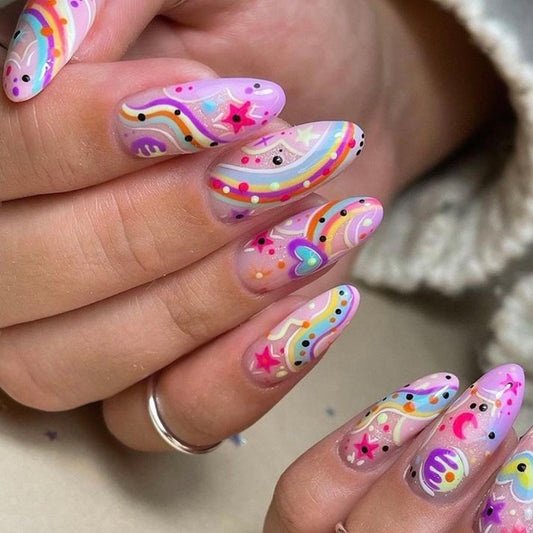 Rainbow Vibes Medium Almond Lavender with Colorful Doodle Designs Press on Nail Set