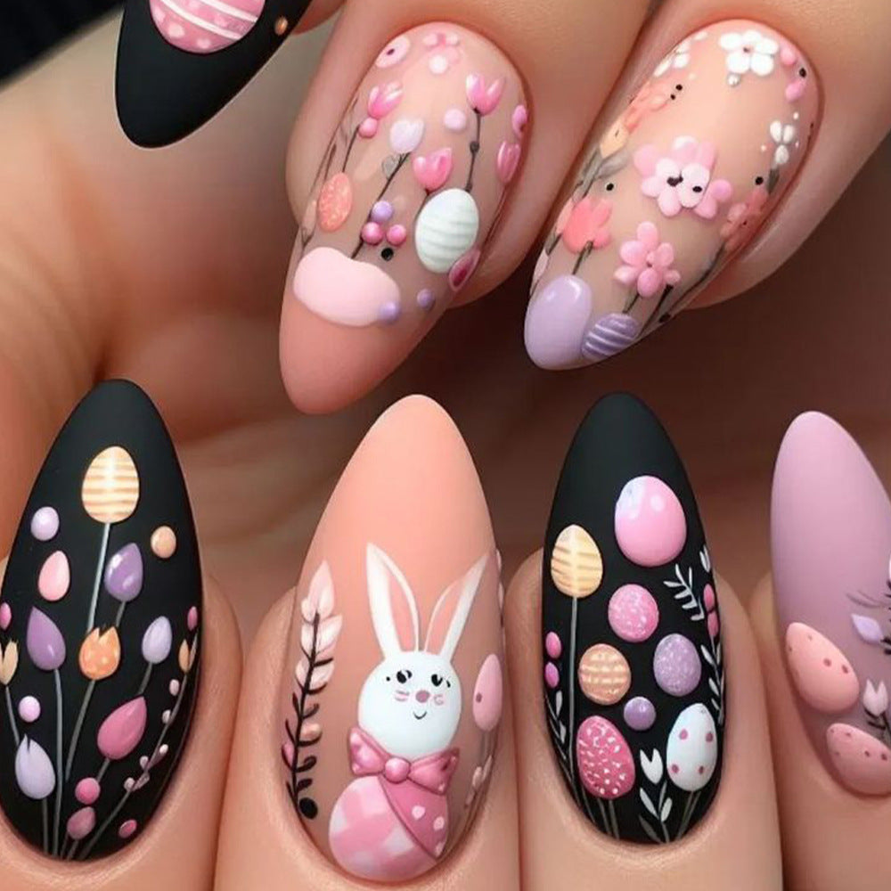 Springtime Delight Medium Almond Shaped Pastel Pink and Black Nail Set with Whimsical Floral and Bunny Designs