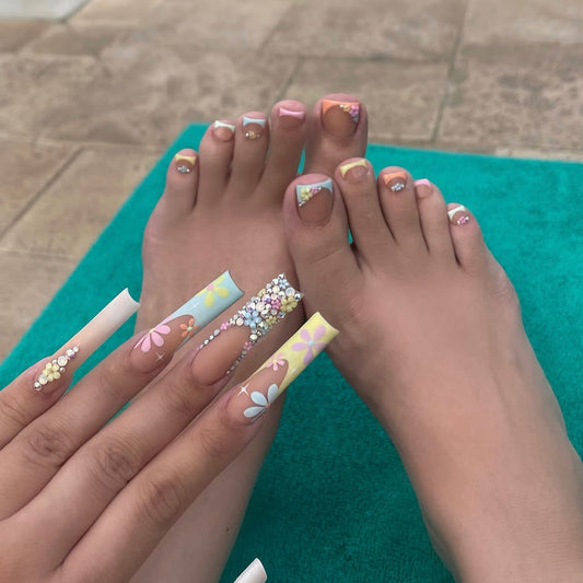 Summer Bliss Long Coffin Pastel Press On Nail Set with Rhinestone Embellishments