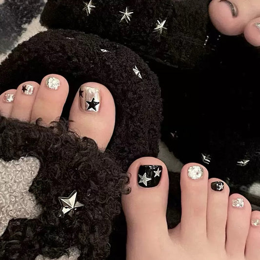 Cosmic Charm Short Square Silver and Black Press on Toenail Set with Star Accents