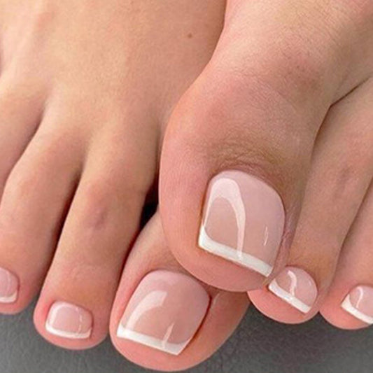 Beach Paradise Elegant Short Square Beige with French Tip Design Press On Toenail Set