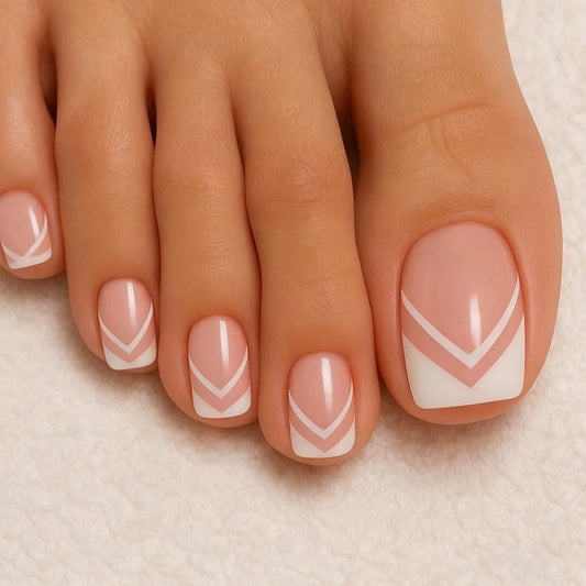 Elegant Escape Short Square Pink and White Chevron Press On Toenail Set Perfect for Tropical Getaways