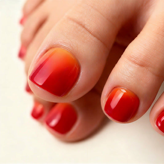 Sunset Bliss Short Square Red Gradient Press On Toenail Set Ideal for Effortless Glamour
