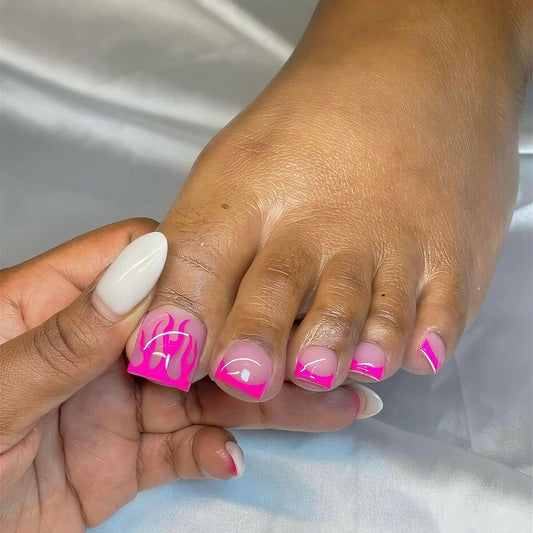 Flaming Summer Collection Short Square Pink and White Toenail Set with Unique Graphic Design