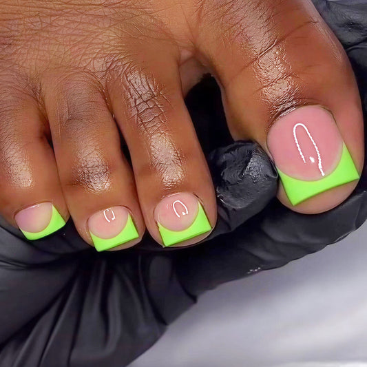 Tropical Vibes Short Square Neon Green French Tip Press On Toenail Set with Glossy Finish