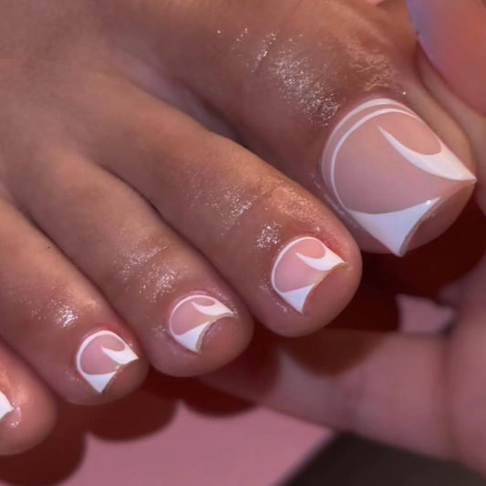 Tropical Oasis Short Square White Press-On Toenail Set Featuring Elegant Swirl Design