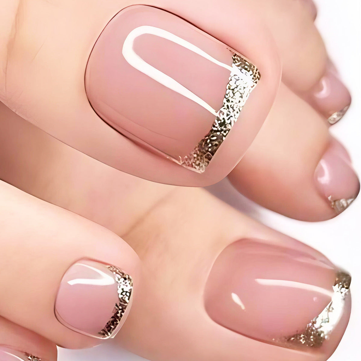 Glamorous Elegance Pink Short Square Press On Toenail Set with Shimmering Gold Tips