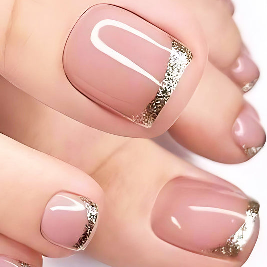 Glamorous Elegance Pink Short Square Press On Toenail Set with Shimmering Gold Tips