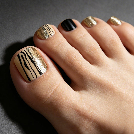 Chic Zebra Print Short Square Gold Glitter Press on Toenail Set