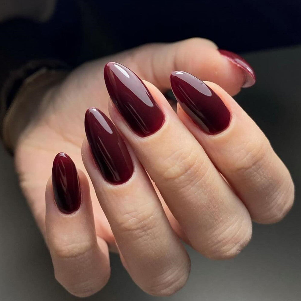 Red Carpet Glam Medium Almond Burgundy Press on Nails with High Gloss Finish