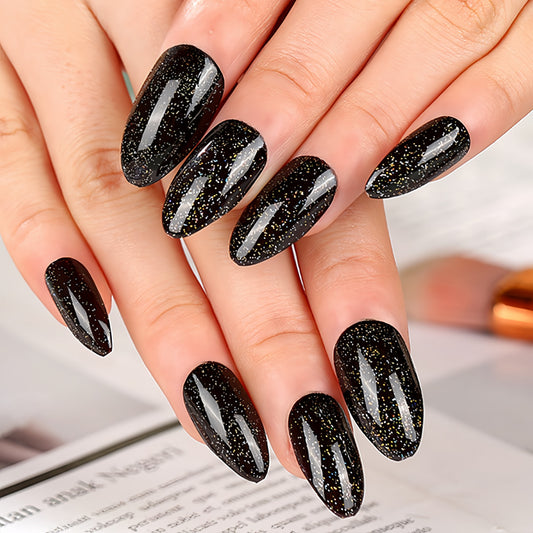 Starry Night Medium Almond Black Glitter Press On Nail Set for Elegant Manicures