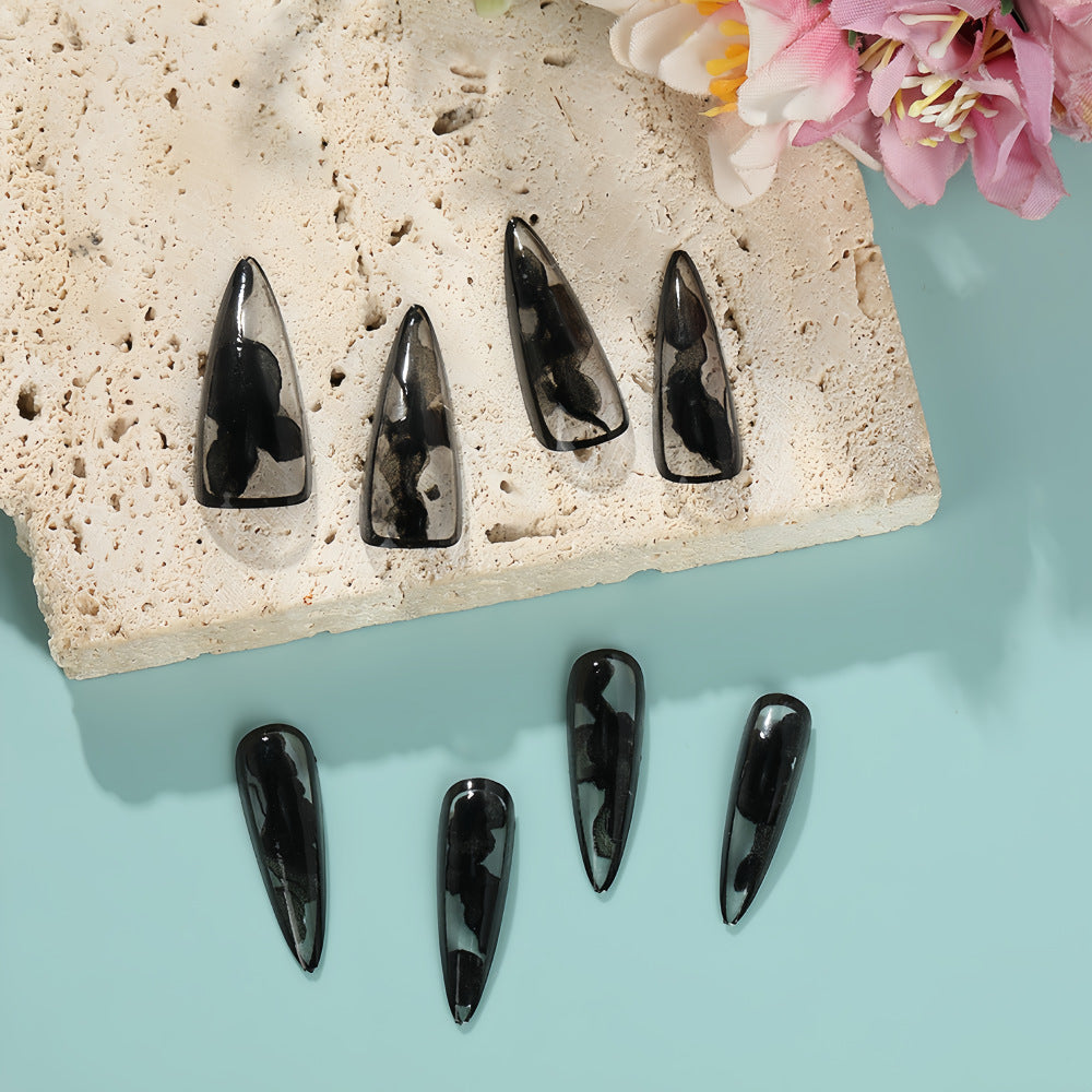 Mystic Charm Extra Long Stiletto Press On Nails Black and Transparent Ombre with Unique Marble Design